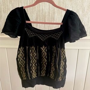 Free People Black and Tan Ruffled Puff Sleeve Blouse